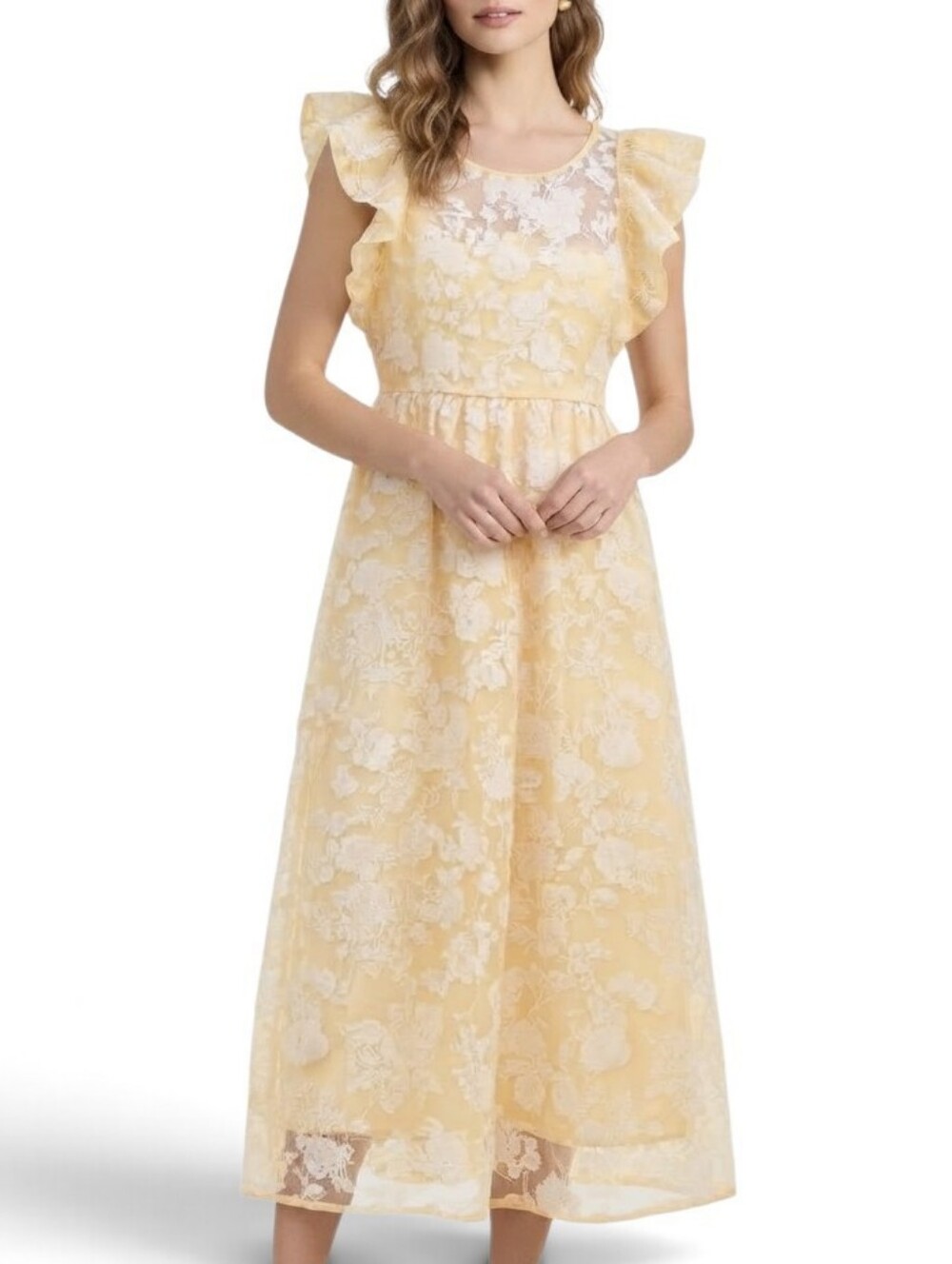 En Saison Yellow Floral Lace Ruffle Midi Dress Large